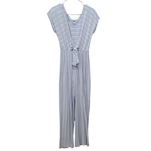 Caution To The Wind Womens Blue White Geometric Textured Tie Front Jumpsuit LG‎